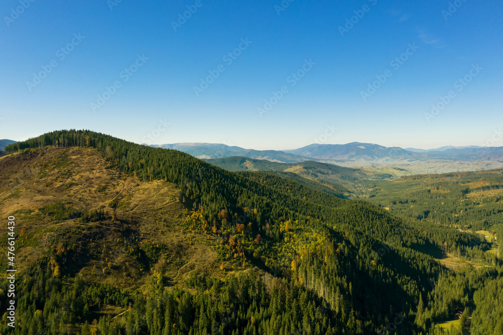 Beautiful mountains and forest on sunny day. Drone photography