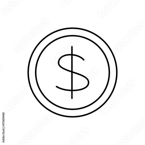 Round coin with dollar symbol. Simple outline black and white vector icon in modern minimal style with thin lines. Editable line thickness