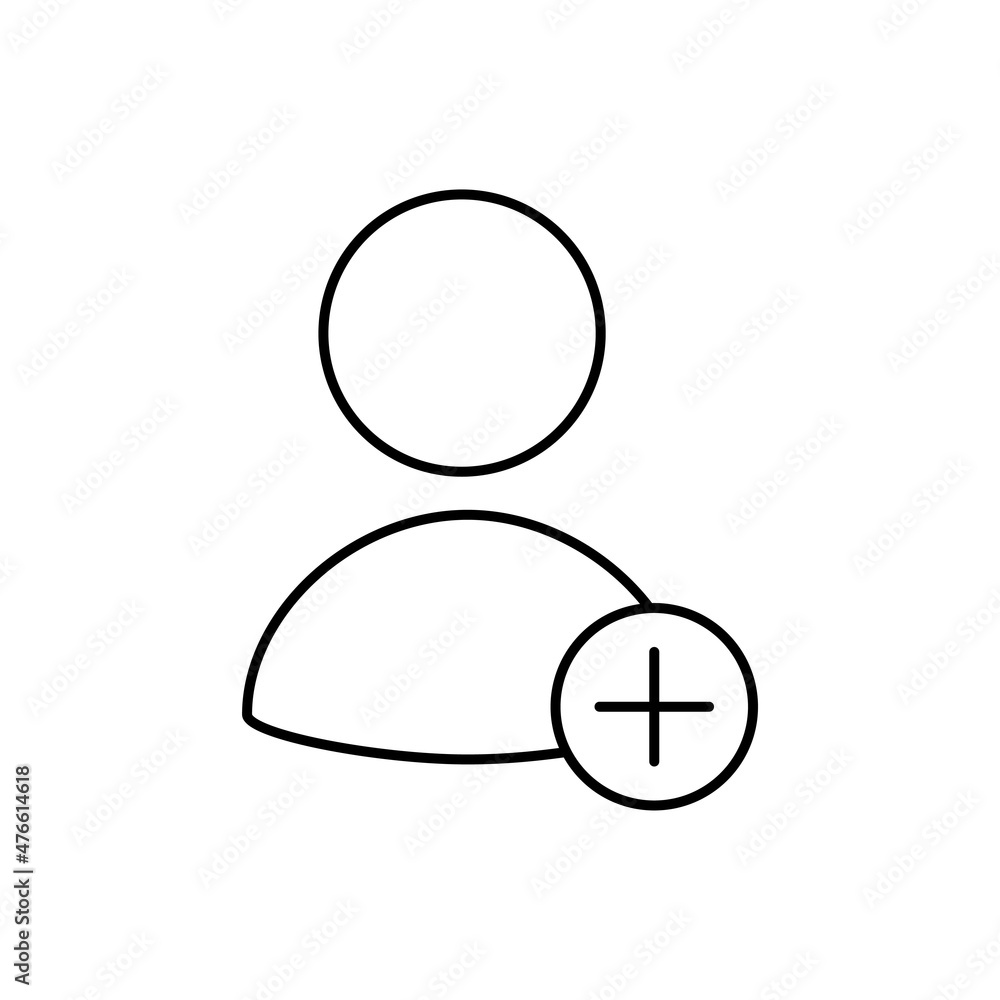 Human silhouette with add button. Simple outline black and white vector icon in modern minimal style with thin lines. Editable line thickness Human silhouette with add button. Simple outline black and white vector icon in modern minimal style with thin lines. Editable line thickness