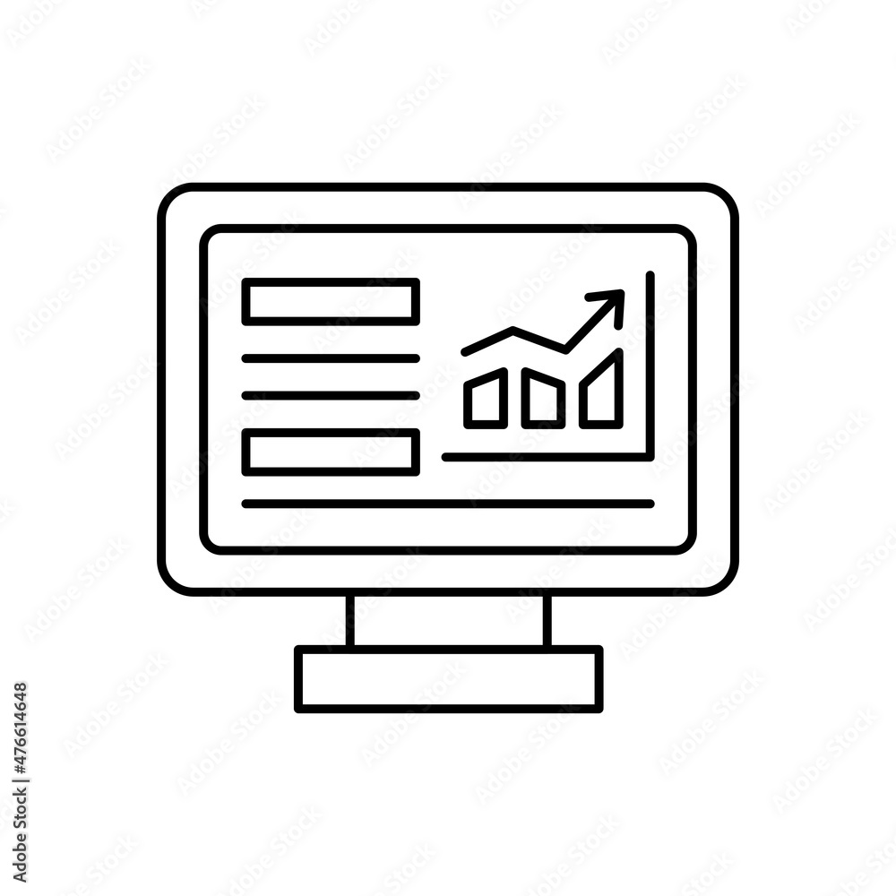 Computer display with presentation on screen. Simple outline black and white vector icon in modern minimal style with thin lines. Editable line thickness Computer display with presentation on screen. Simple outline black and white vector icon in modern minimal style with thin lines. Editable line thickness