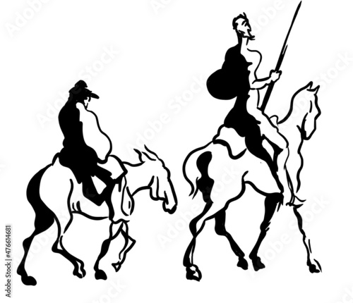 Don Quichotte und Sancho Panza, black and white illustration photo
