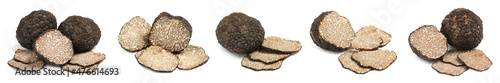 Set with expensive delicious black truffles on white background. Banner design