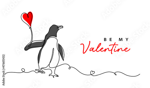 Be my Valentine minimal vector greeting card design with penguin and red heart balloon. One continuous line art drawing, background, banner, poster for Valentines day celebration