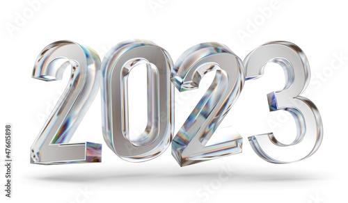 happy new year 2023 glass letter with chromatic aberration refraction dispersion 3d illustration isolated photo