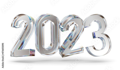 happy new year 2023 glass letter with chromatic aberration refraction dispersion 3d illustration isolated