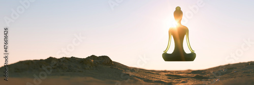 Conceptual tranquil meditation with jade figure on a beach at sunrise 3d render