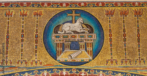 ROME, ITALY - AUGUST 30, 2021: The ancient christian mosaic of Lamb of God on the Book of Revelation in the church Basilica dei Sancti Cosma e Damiano from 7 cent..