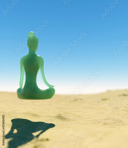Fototapeta Naklejka Na Ścianę i Meble -  Conceptual tranquil meditation with jade figure on a beach at sunrise 3d render