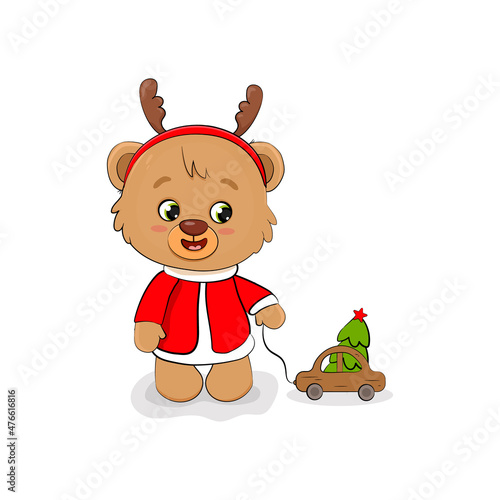 Cute little teddy bear with deer horns and toy car. Christmas card. New Year. Season's Greetings. Vector illustration