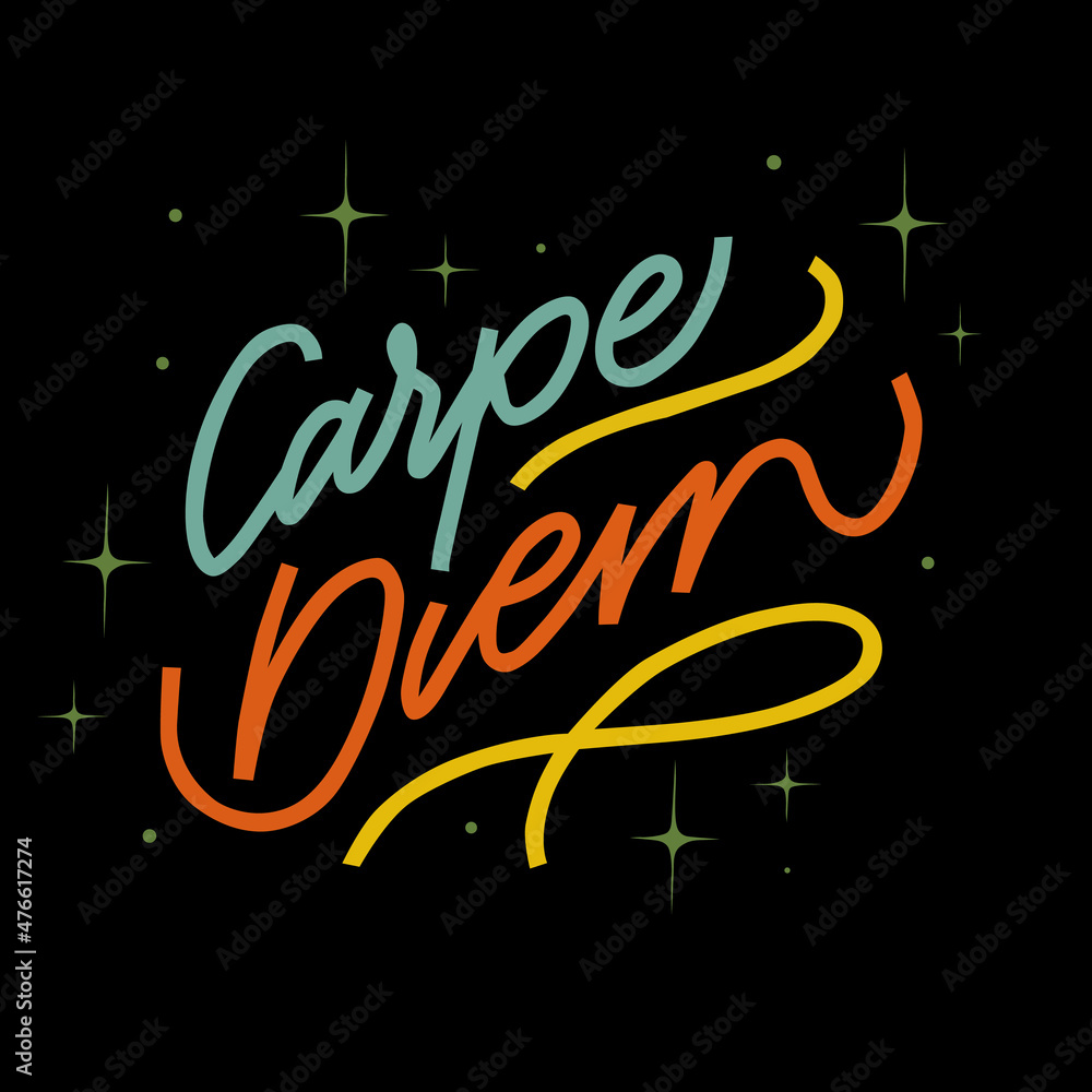 carpe diem vector illustration.hand drawn vintage print with hand lettering on a black background.modern design perfect for tshirt,bags,banner,web design,stickers,poster,postcards,greeting cards,etc.