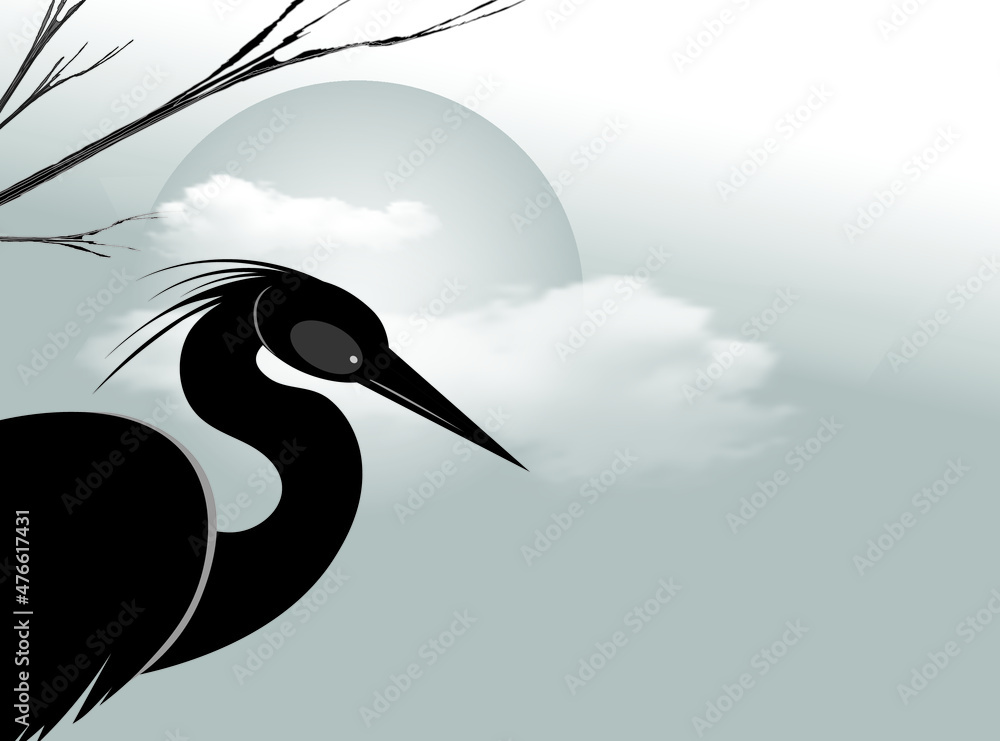Fototapeta premium A heron silhouette against the backdrop of a sky with clouds and a large circle of the sun. Vector drawing. 