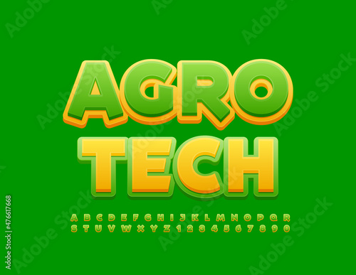 Vector industrial emblem Agro Tech with Green and Yellow Font. Modern Alphabet Letters and Numbers set