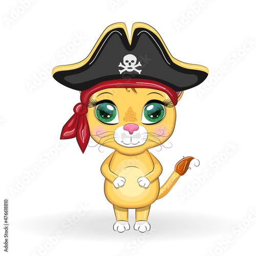 Lion pirate, cartoon character of the game, wild animal cat in a bandana and a cocked hat with a skull, with an eye patch. Character with bright eyes