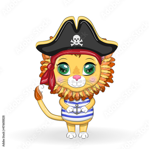 Lion pirate, cartoon character of the game, wild animal cat in a bandana and a cocked hat with a skull, with an eye patch. Character with bright eyes
