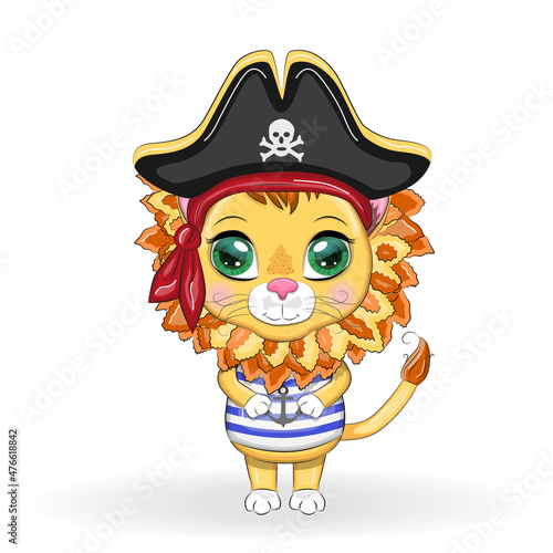 Lion pirate, cartoon character of the game, wild animal cat in a bandana and a cocked hat with a skull, with an eye patch. Character with bright eyes