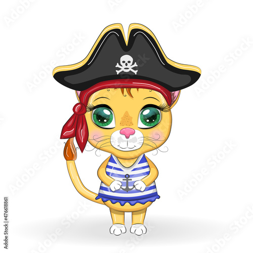 Lion pirate, cartoon character of the game, wild animal cat in a bandana and a cocked hat with a skull, with an eye patch. Character with bright eyes