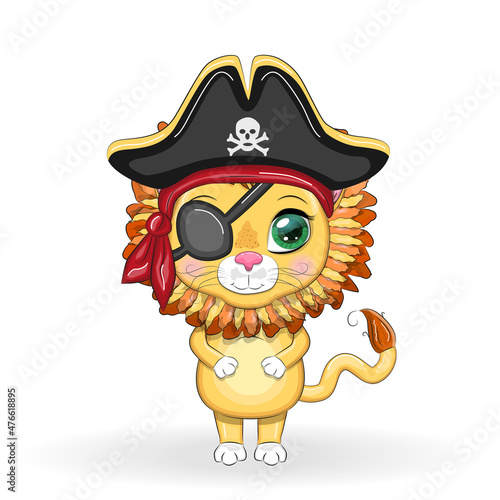Lion pirate, cartoon character of the game, wild animal cat in a bandana and a cocked hat with a skull, with an eye patch. Character with bright eyes