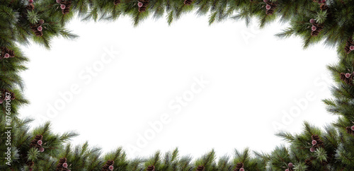 Unadorned Christmas pine twigs with cones and red berries form a frame with a copy space in the middle. Postcard, website design concept. Isolated on white background. Banner size
