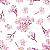 Pink flowers and frangipani buds seamless pattern. Watercolor illustration of plumeria endless ornament on a white background. Hand drawn and painted floral illustration. Fabric, wallpaper design