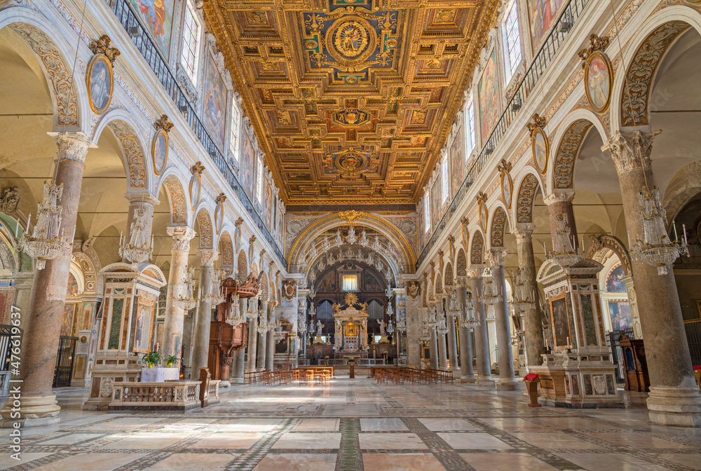 ROME, ITALY - SEPTEMBER 1, 2021: The Nave of church Basilica di Santa Maria Aracoeli.