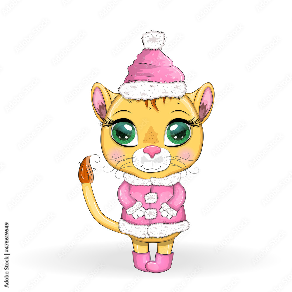 Fototapeta premium Merry Christmas and Happy New year. Funny lion in red hat with gift in cartoon style. Greeting card.