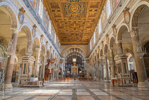 ROME, ITALY - SEPTEMBER 1, 2021: The Nave of church Basilica di Santa Maria Aracoeli.