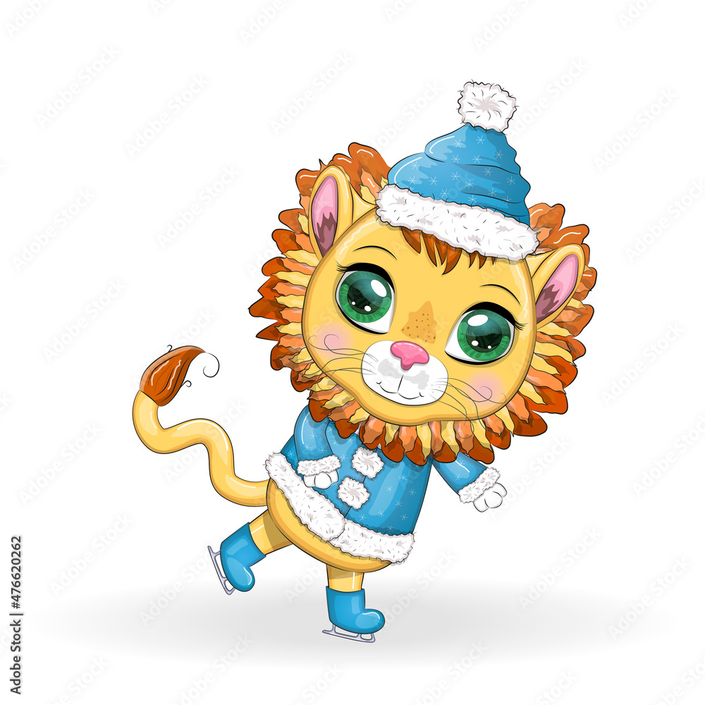 Merry Christmas and Happy New year. Funny lion in red hat with gift in cartoon style. Greeting card. Merry Christmas and Happy New year. Funny lion in red hat with gift in cartoon style. Greeting card.