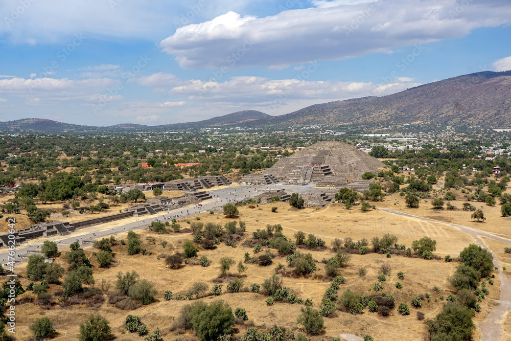 The Pyramid of the Moon seen from the top of the Pyramid of the Sun in Teotihuacan ruins, Mexico