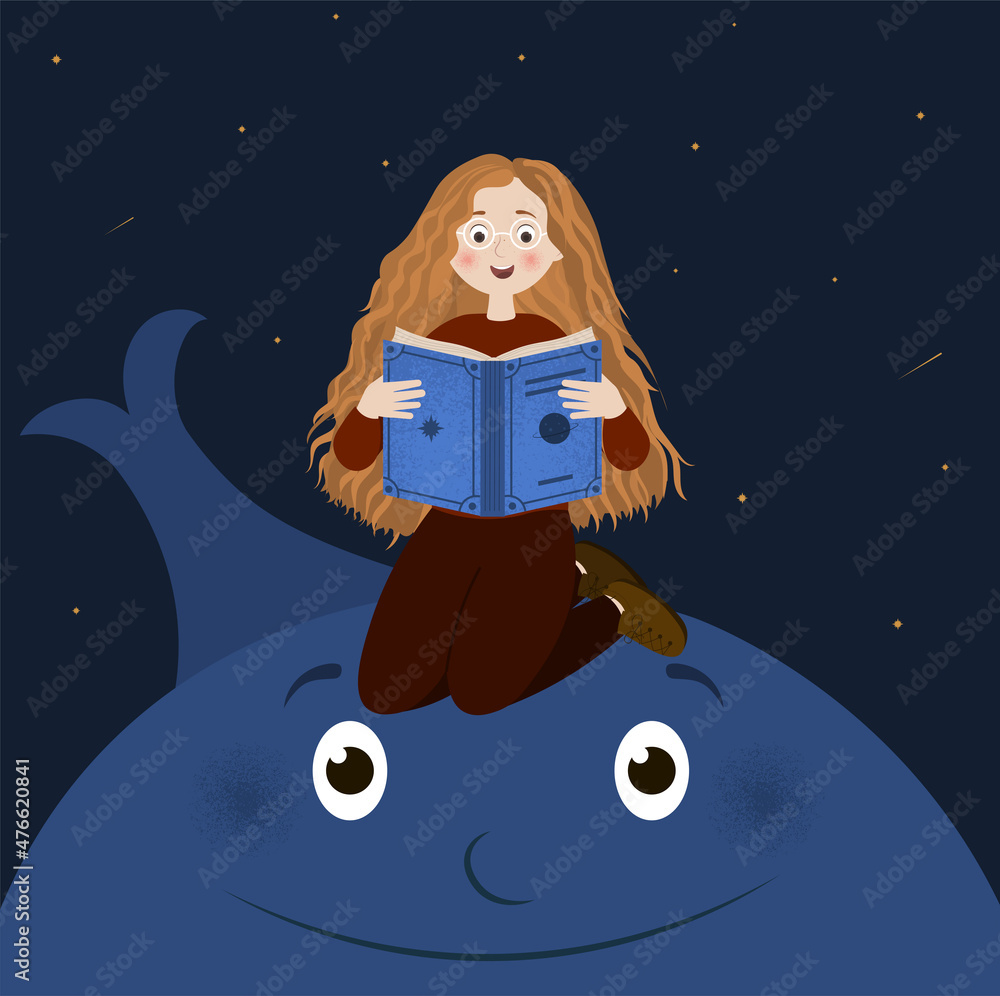 Fototapeta premium cute romantic girl sits on a whale and reads a book. the sky with arches. T-shirt print, book illustrations for children, postcard. Princess girl, young, beautiful, cute, lovely girl in adorable dress