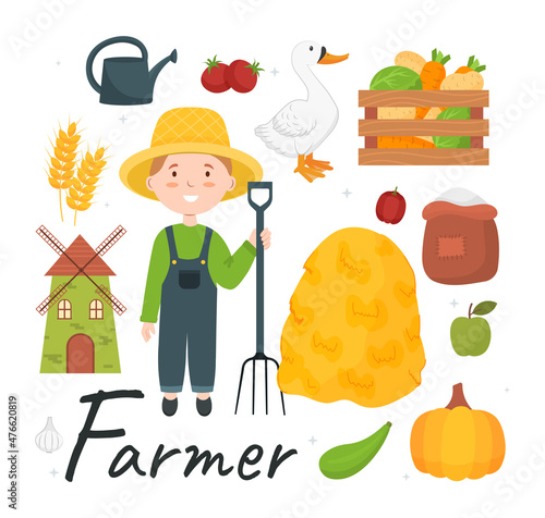 Cute vector alphabet Profession. Letter F - Farmer. Vector illustration