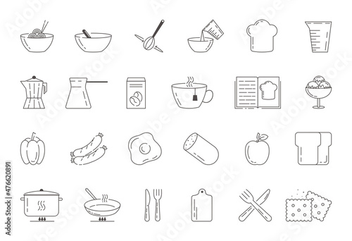Cooking line icons. Boiling time, Frying pan and Kitchen utensils. Fork, spoon and knife line icons. Recipe book, chef hat and cutting board. Linear set. Vector