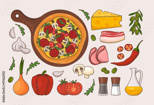 Italian pizza and ingredients top view frame. Italian food menu design template. Vintage hand drawn sketch, vector illustration. Engraved style illustration. Pizza label for menu.