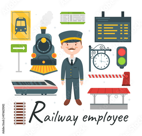 Cute vector alphabet Profession. Letter R - Railway Employee. Vector illustration