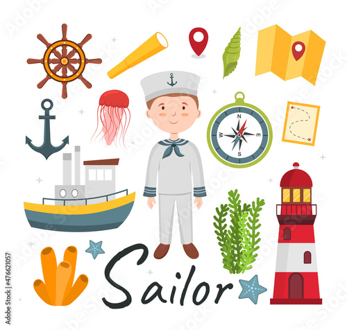 Cute vector alphabet Profession. Letter S - Sailor. Vector illustration