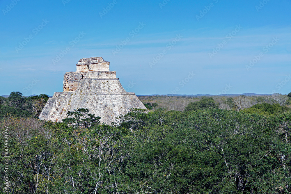 The top of the Pyramid of the Magician in Uxmal ruins in Mexico
