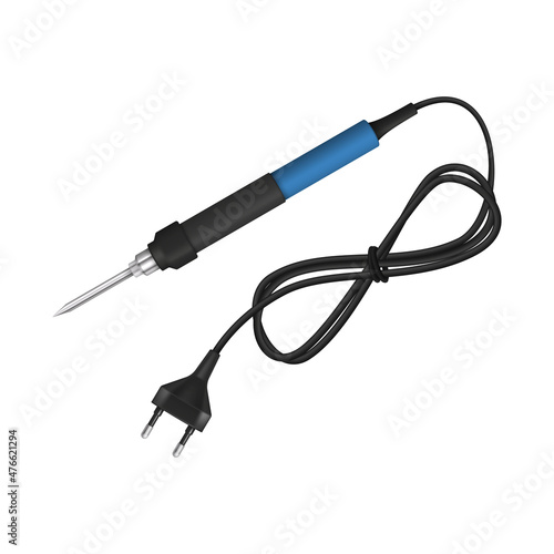 Soldering iron with wire and plug. Soldering tool for electronics on white background. Vector illustration.