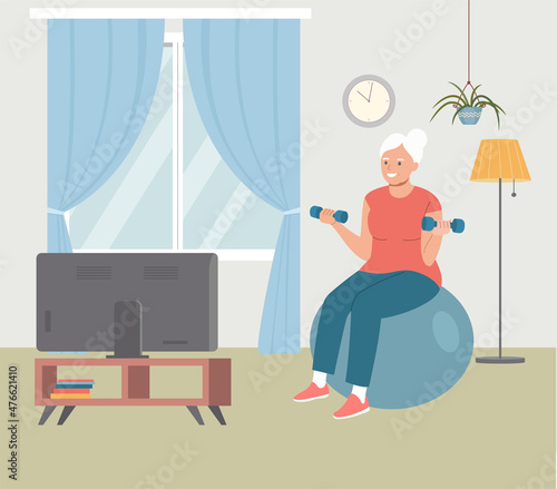Elderly woman do exercises on fit ball with dumbbells at home. Living room interior. Stay home. Flat style cartoon vector illustration.