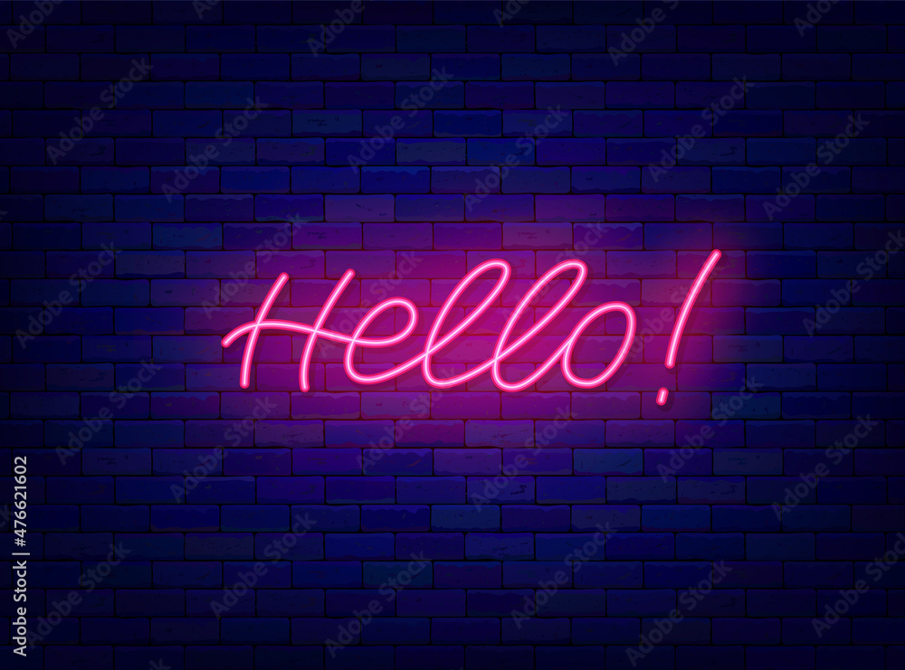 Hello neon lettering. Greeting card. Shiny calligraphy. Glowing quote. Editable stroke. Vector stock illustration Hello neon lettering. Greeting card. Shiny calligraphy. Glowing quote. Editable stroke. Vector stock illustration