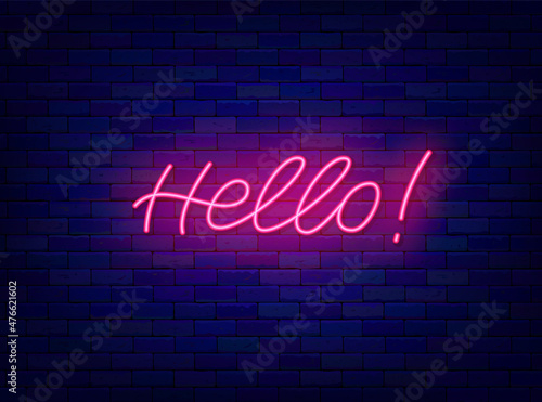 Hello neon lettering. Greeting card. Shiny calligraphy. Glowing quote. Editable stroke. Vector stock illustration