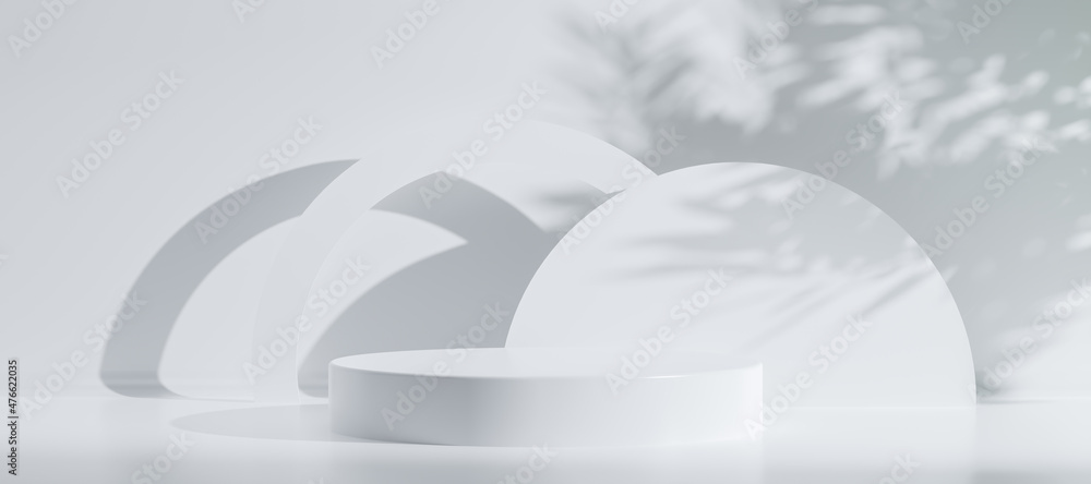 Minimal abstract luxury white podiums block for product presentation with empty stage, Sunshade shadow on beige and shadows of tree leaves, Pedestal for cosmetic product, 3d render illustration. - obrazy, fototapety, plakaty 