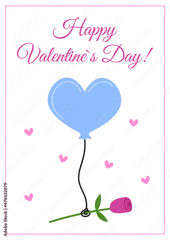 Happy Valentines Day greeting card isolated. Love heart shaped balloon with rose flower. Pink and blue colors. Vector flat illustration
