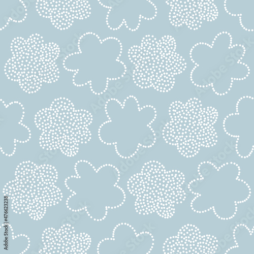 Childish dotted blue flowers on blue vector seamless pattern. Boho baby abstract floral shape background. Decorative blossom surface design for nursery and kids fabric.