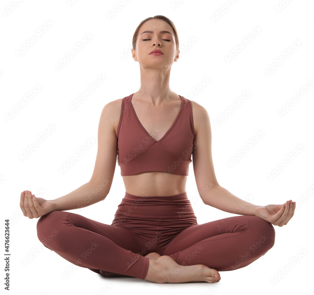 Beautiful young woman meditating on white background Beautiful young woman meditating on white background