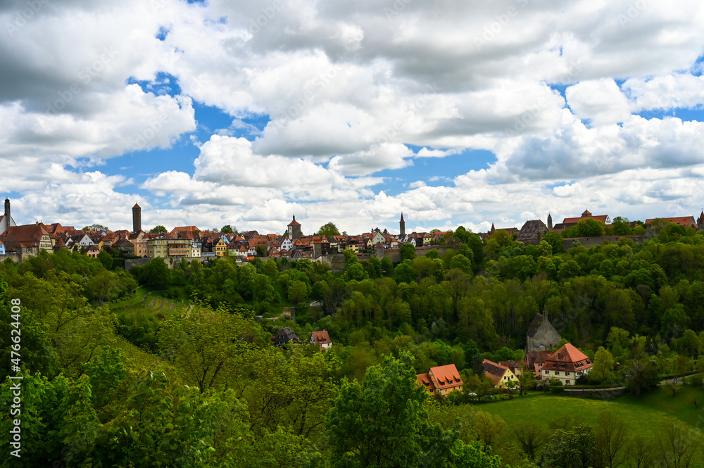 Skyline of the old town of Rothenburg ob der Tauber, Germany at the horizon under a partly cloudy sky.