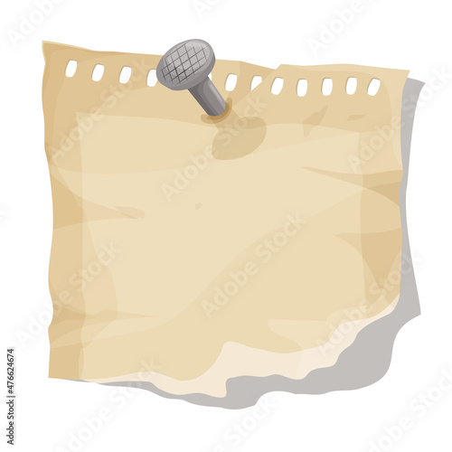Beige pinned by nail old torn sheet of paper on a white background. A rustic note for westerns. Template with place for text. Vector illustration
