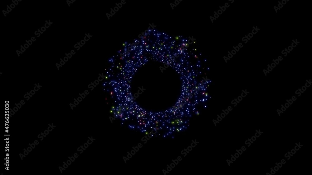 発光する放射状の3色パーティクル。中心から外側へ広がる軌道。 発光する放射状の3色パーティクル。中心から外側へ広がる軌道。