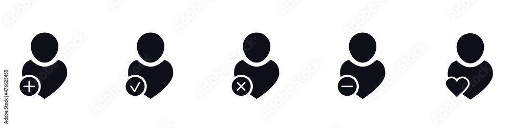 Web icons for websites, dating, social network, mobile apps, etc. 5 icons in solid style for UI design. Contains such icons as add\remove friend, follow\unfollow user, like\block account. Vector EPS10