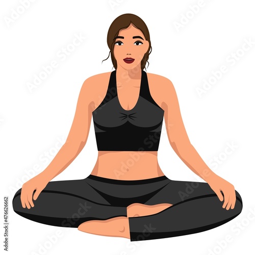 The sportive woman in the lotus position is engaged in yoga. Vector. Graphics. Design. Template for a web resource.