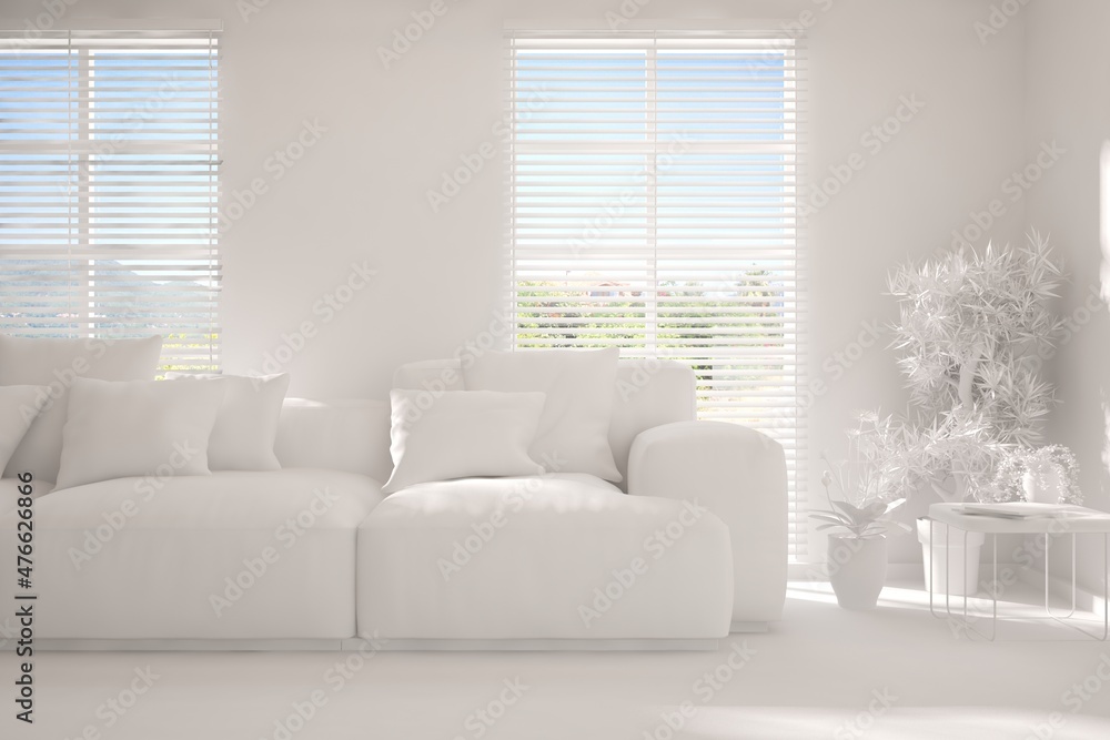 Fototapeta premium Mock up of stylish room in white color with sofa and green landscape in window. Scandinavian interior design. 3D illustration