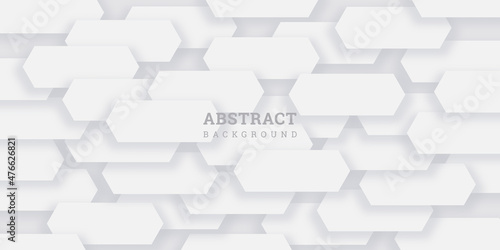 White abstract background with hexagons. Geometric backdrop 3D. Horizontal banner with polygons in realistic style. White wall. Vector illustration. Modern design for wallpaper, flyer, poster. Stock